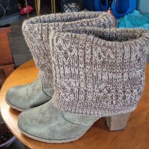 Muk Luks Heeled Boots with Knit Cuff - Olive and Tan Sweater Fold Down Cuff.